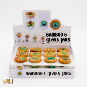 30469/Glass Small Jar w/bamboo cap & assorted leaf design/2"d/40hx48mm/12 CT